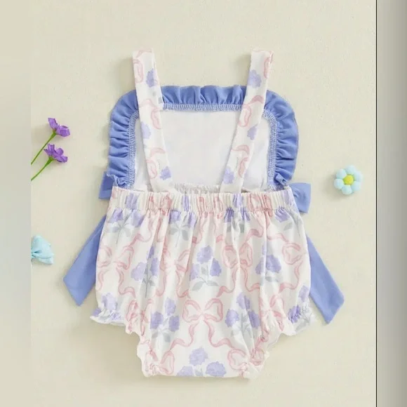 Adorable baby girls pink & blue ruffle bow printed floral smocked bubble romper! - Picture 2 of 2